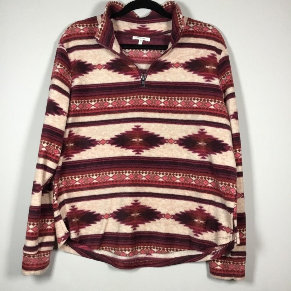 Western pattern fleece sweater pink cream burgundy red soft cosy soft size L